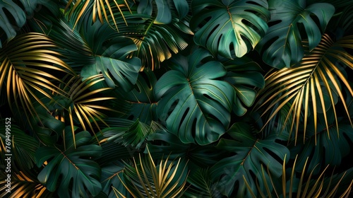 A collection of green and golden leaves attached to a wall  creating a textured backdrop with tropical vibes  background  wallpaper