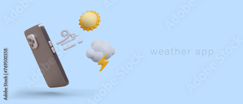 Commercial banner template for weather app. Sun, wind, cloud fly out of 3D phone