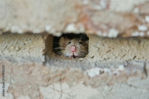 tiny mouse nose emerging from hole in a brick wall © primopiano