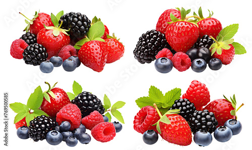 Vibrant collection of ripe berries, featuring strawberries, blackberries, raspberries, and blueberries, cut out	