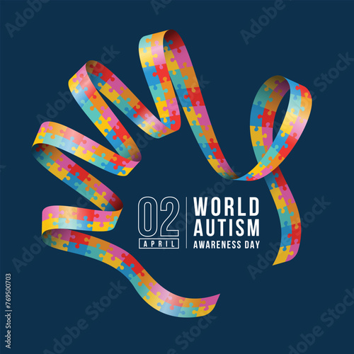Wolrd Autism Awareness Day - Colorful jigsaw puzzle texture ribbon awareness with roll hand frame on dark blue background vector design
