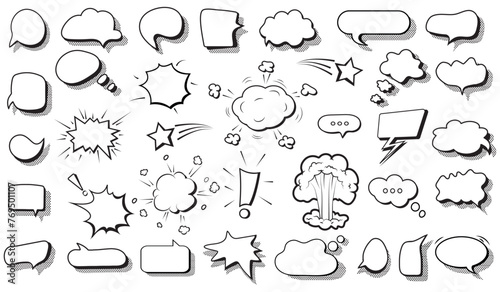 A set of speech bubbles. Halftone shadows. Vector illustration of a doodle icon in the form of a comic speech bubble, a text message. Vector sketch illustration