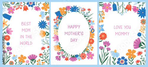 set of floral cards, posters, banners with mother's day quotes. Good for templates, invitations, prints, etc. Spring, summer design. EPS 10
