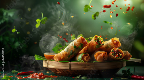 Delicious freshly made spring rolls in a bamboo basket accompanied by herbs and sweet chili sauce, steamy and appetizing