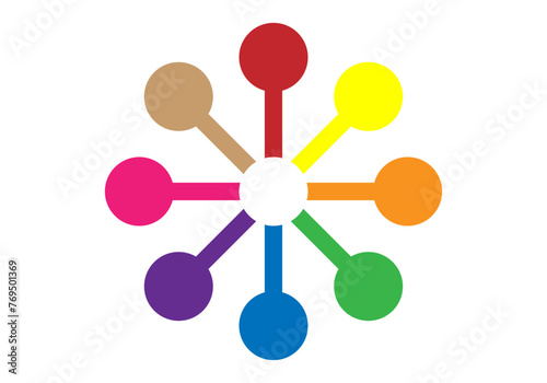 Asterisco de 8 puntas con círculos en sus extremos de diferentes colores. Icono de ciencia