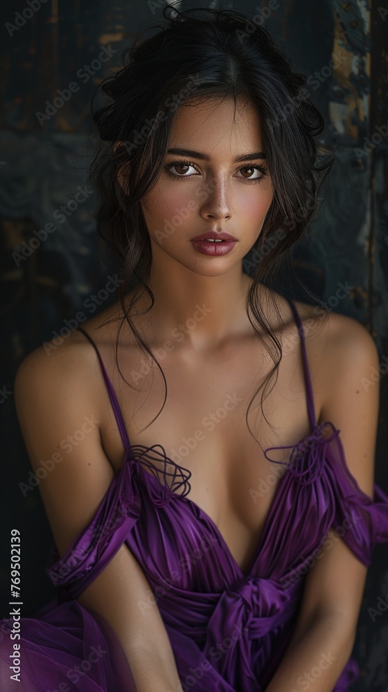 Naklejka premium A captivating brunette beauty in a vibrant magenta dress, exuding confidence against a backdrop of midnight black. Her smoldering gaze and poised demeanor create a striking visual contrast.