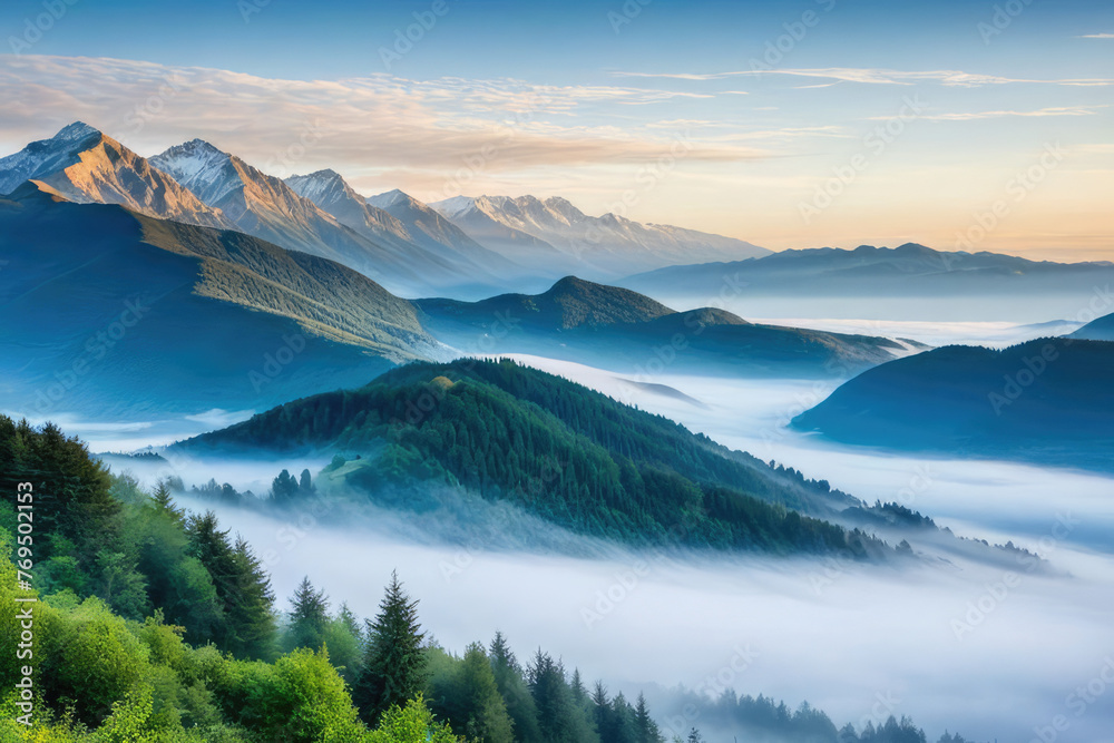 Amazing nature scenery, mountains under morning mist
