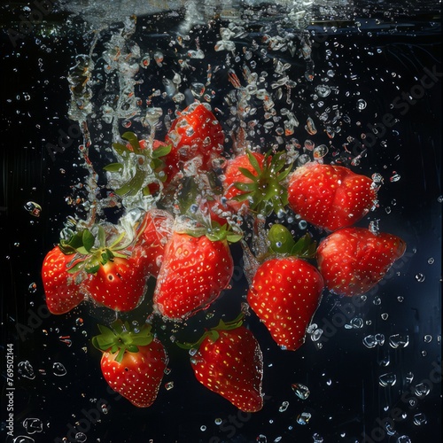 The mesmerizing scene captured through underwater photography shows decorated ripe strawberries falling in deep water.