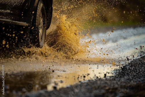 car tires splashing through a deep roadside puddle