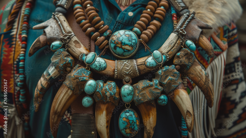 Intricately designed tribal necklace featuring turquoise stones and bone, symbolizing cultural heritage