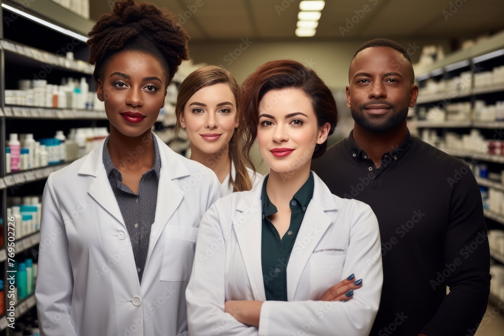 Professional medical workers smiling while they stand in the pharmaceutical store, in the style of science academia, , american consumer culture, emphasis on the medical business Professional medical workers smiling while they stand in the pharmaceutical store, in the style of science academia, , american consumer culture, emphasis on the medical business