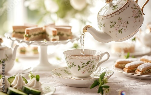 Vintage afternoon tea setup with a classic teapot pouring into a cup, accompanied by sandwiches and pastries on a white table.