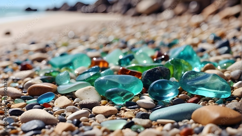 Colorful gemstones on a beach. Close-up of green and blue glossy glass with multicolored sea pebbles. Polished textured sea glass and stones on the shore. Summer beach background.