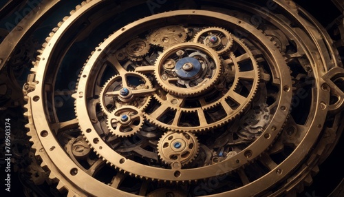 Close-up of an ornate, golden gear mechanism, showcasing the intricate beauty of mechanical design and precision engineering.