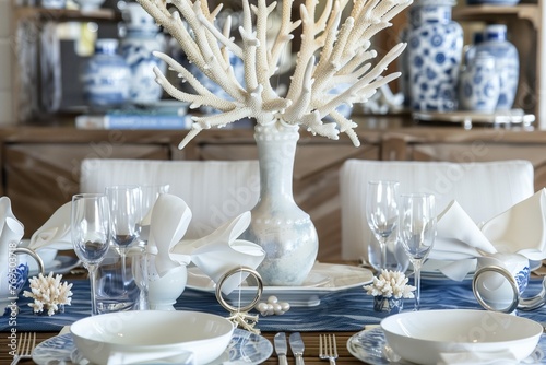 table with a white coral chandelier above, bluewhite porcelain, and pearl napkin rings photo
