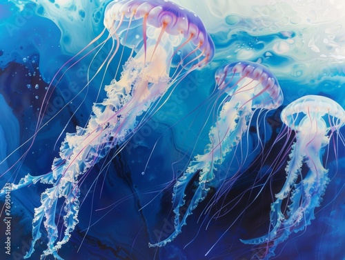 Watercolor painting of jellyfish. It is an animal that has neither a brain nor a heart. The upper body of the jellyfish looks like an umbrella called "Medusa".