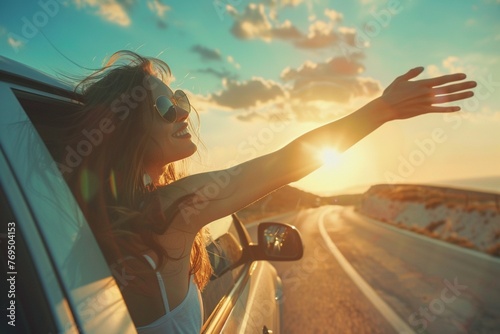 carefree woman sitting in front seat of car, stretching her arm out window and catching glare of setting suset woman travels by car catches wind with her hand from car window.,ai generate