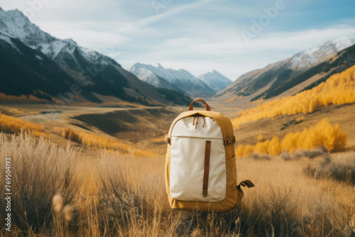 A single backpack stands against a backdrop of mountains, representing the wanderlust of travel enthusiasts. Preparedness for adventure. The simplicity and spontaneity of travel experiences.