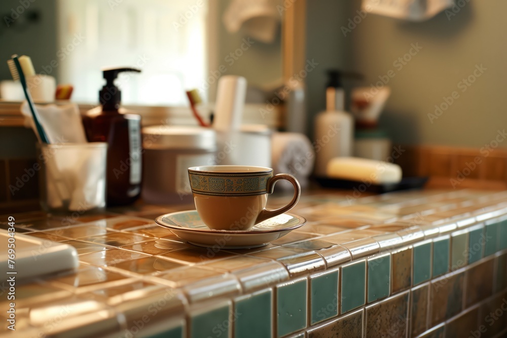tea cup resting on a tiled bathroom counter with toiletries around tea cup resting on a tiled bathroom counter with toiletries around