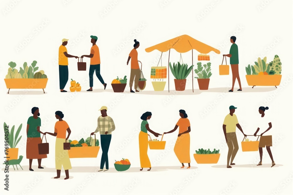 A minimalist illustration features a diverse group of people exploring a farmers market. The simplicity and enjoyment of shopping for fresh, healthy produce.