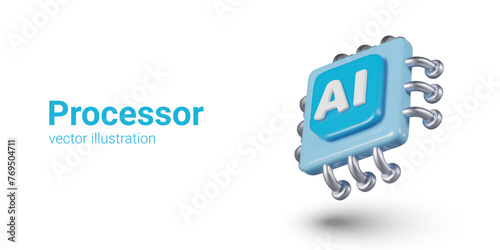 Blue processor with inscription AI. Concept of artificial intelligence, cyber brain