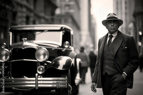 An elegant man in a coat and hat in front of a car. Black and white photography of the first half of the 20th century. © DK_2020