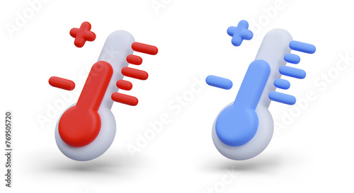 Red and blue thermometers in inclined position. 3D devices, scales for measuring temperature