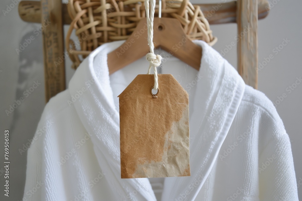 empty tag tied with a string to a white bathrobe, on a wooden hanger - obrazy, fototapety, plakaty 