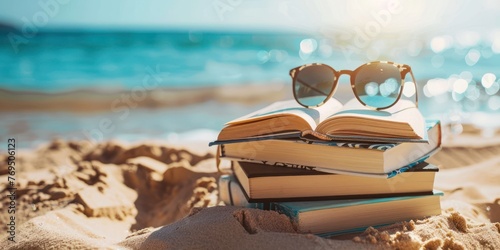 summer holiday background with sunglasses and beach photo