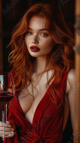 A captivating redhead, her lips stained with wine, posing alluringly with a glass in hand against a rich burgundy background. photo