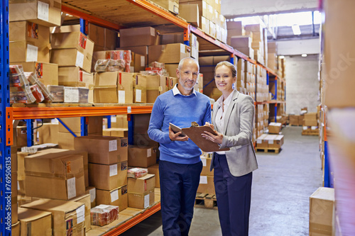Portrait, boxes and man with woman, clipboard and documents with shipping form and import. Tablet, warehouse and export with teamwork or supply chain with stock or logistics with storage or industry
