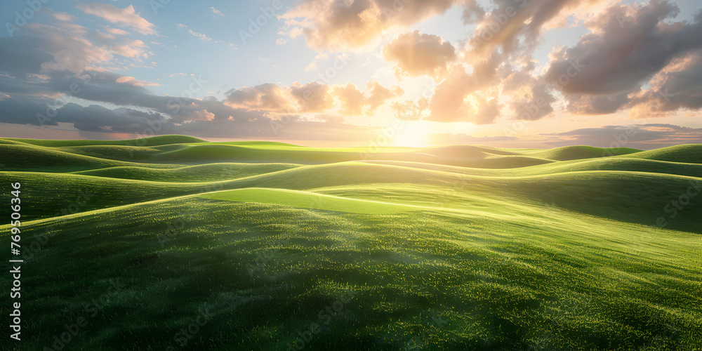 A field of green grass with a blue sky and clouds,Green fields in the sunset.