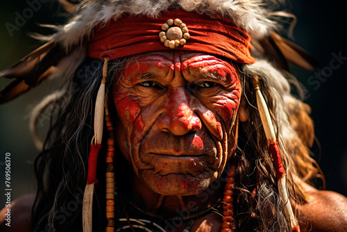 Red Indian elderly man close up, portrait, Native American