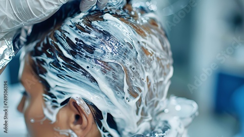 Hairdresser is applying bleaching powder on woman's hair and wrapping into the foil.