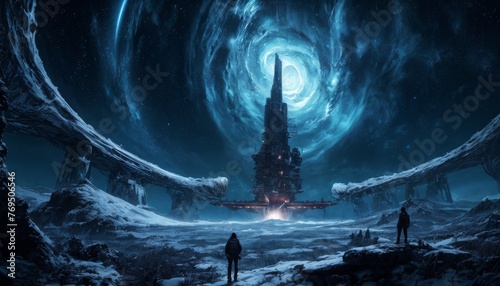 A lone figure stands before an otherworldly tower piercing a swirling galactic vortex in a frozen landscape, a scene mixing elements of sci-fi and nature's majesty.