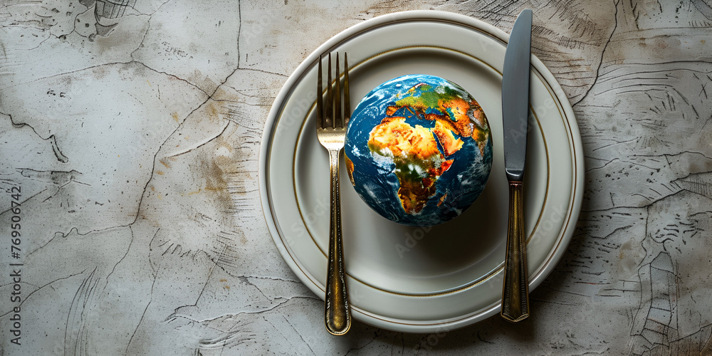  Globe on a plate with fork and knife on a light background, world food day concept. generative ai 