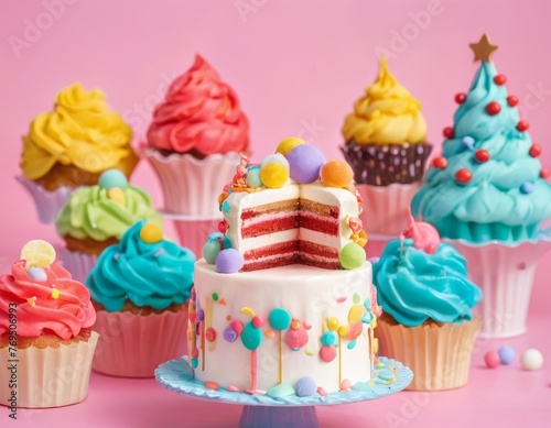 A colorful collection of richly frosted cupcakes surrounds a sliced celebration cake  showcasing a delightful variety of decorations and a peek at the layered interior.
