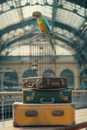 Luggage with parrot and cage at the station, transporting animals and birds on public transport, vintage European railway