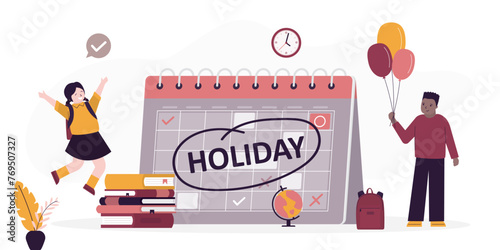 Happy children enjoy holidays and school break. School children near large timetable, calendar with the inscription - holidays. Relaxation from study, multiethnic kids joy.