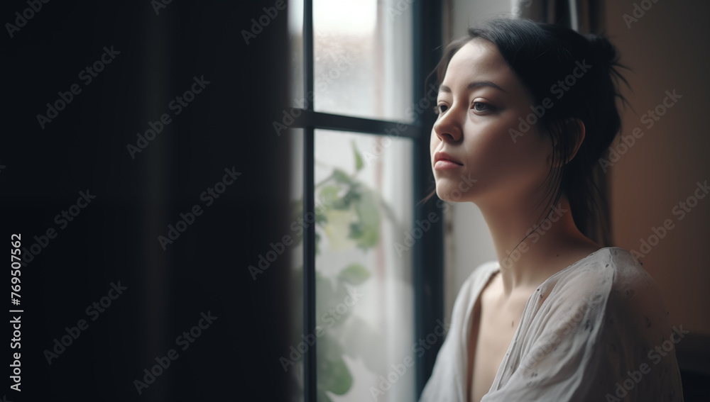 Young afro american woman looking out a window in room concept of depression and lonesomeness Young afro american woman looking out a window in room concept of depression and lonesomeness