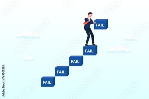 Strive businessman build stair to success with his failure, improve from failure build up stair to success, challenge and ambition to never give up, learn to fail as path to achieve goal (Vector) photo