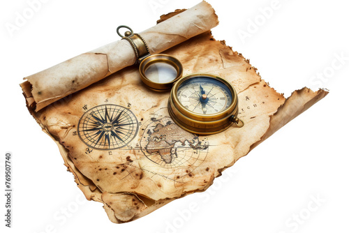 Ancient Map, Compass, and Magnifying Glass