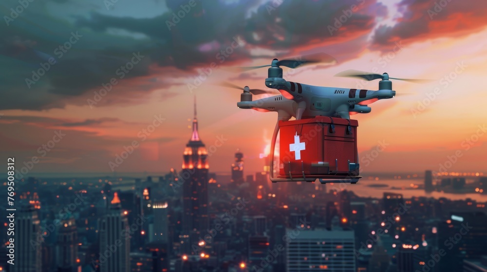 An autonomous drone equipped with a medical aid kit flies over an urban skyline during a stunning sunset, representing innovation in healthcare logistics. An autonomous drone equipped with a medical aid kit flies over an urban skyline during a stunning sunset, representing innovation in healthcare logistics.