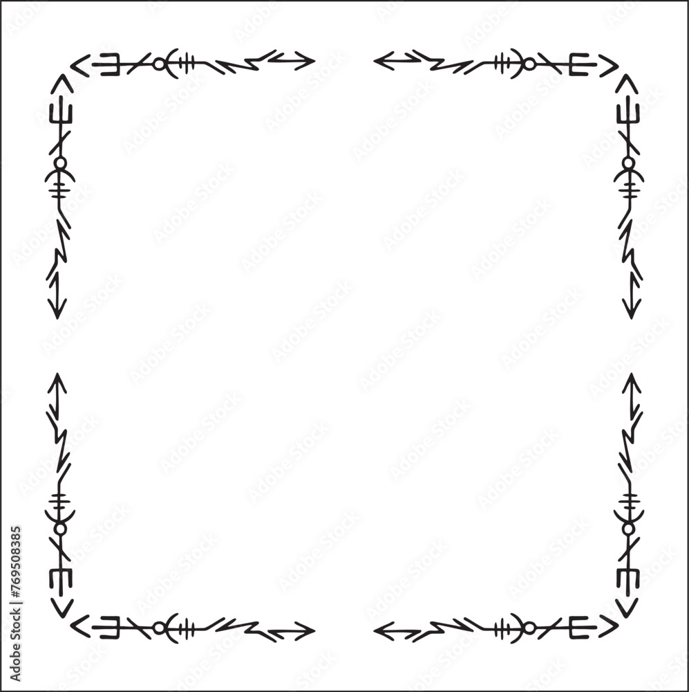 Elegant black and white ornamental frame with Viking runes, decorative border, corners for greeting cards, banners, business cards, invitations, menus. Isolated vector illustration. Elegant black and white ornamental frame with Viking runes, decorative border, corners for greeting cards, banners, business cards, invitations, menus. Isolated vector illustration.