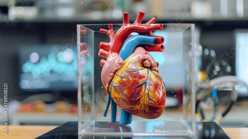 A highly detailed anatomical model of the human heart is encased for display, set in a laboratory or educational environment for study.