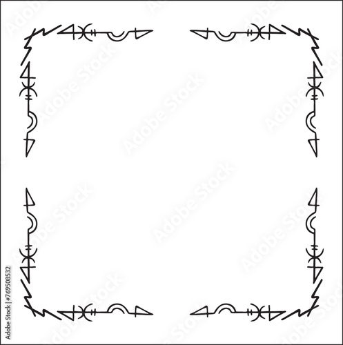 Elegant black and white ornamental frame with Viking runes, decorative border, corners for greeting cards, banners, business cards, invitations, menus. Isolated vector illustration. 