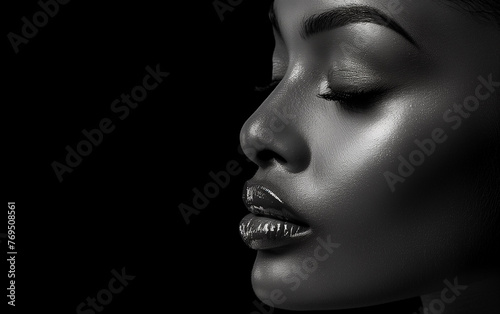 Black and white fashion portrait of a beautiful African American woman with closed eyes, glossy lips, set against a sleek black backdrop, providing ample copy space for text © LouLou