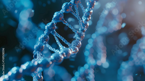 A detailed representation of a DNA double helix in blue tones, focusing on themes of genetics and molecular biology