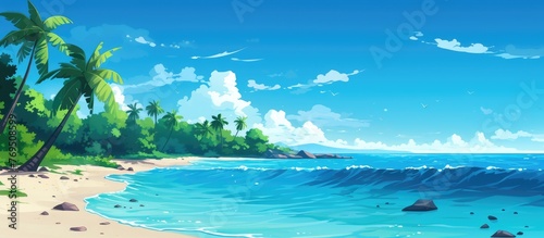 A beautiful painting depicting a natural landscape with palm trees on a sandy beach, azure water, and a clear blue sky with fluffy cumulus clouds