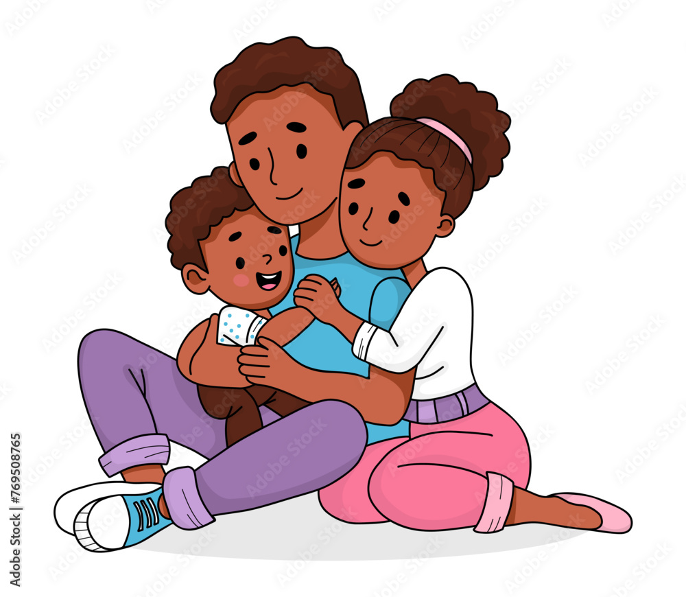 Happy cute black family. Beautiful ethnic sitting woman and man with smiling child son. Vector illustration. Colored hand drawn doodle style Happy cute black family. Beautiful ethnic sitting woman and man with smiling child son. Vector illustration. Colored hand drawn doodle style